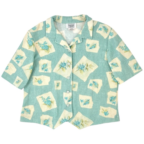 Vintage Tops - Vintage Blue & Cream Floral Retro Short Sleeve Button Up Shirt Blouse Top sz L